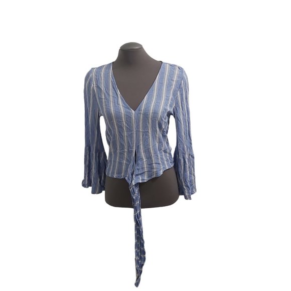 American Eagle Outfitters Shirt Women Medium Blue Tie Front Boho Long Sleeve - Picture 5 of 12